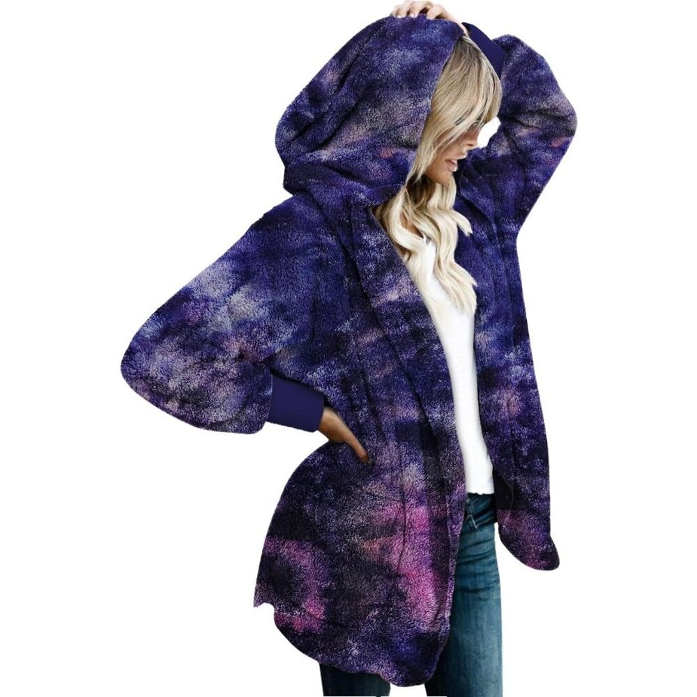 Women's Blue Tie Dye Open Front Sherpa Vest Jacket Coat Hooded Fuzzy Sweater